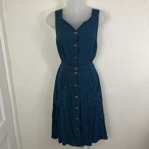 Field Day Button Front Midi Dress Womens XS S Teal Retro Twee Vintage Fabric